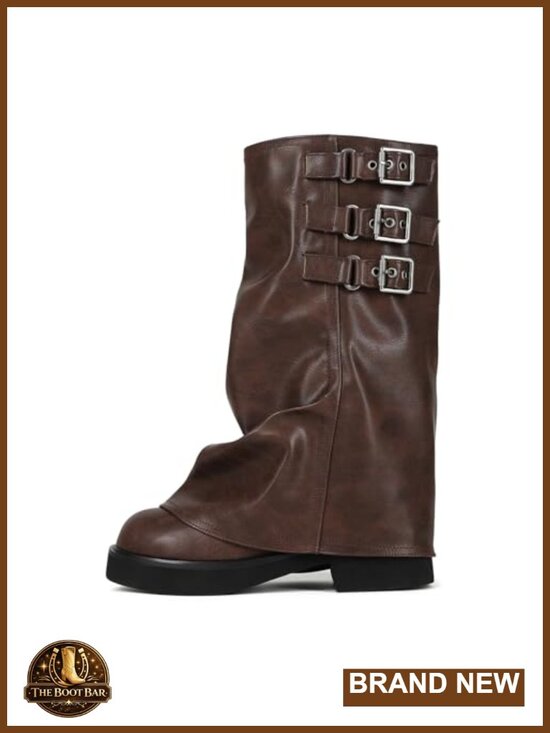 Shoes - Mid Calf Slouchy Boots Square Toe Fold Over Motorcycle Riding Wide Calf